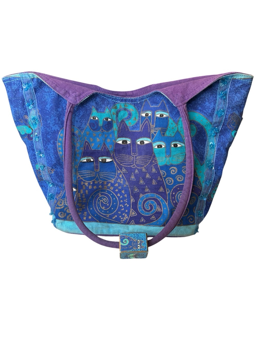 Laurel Burch Women's Blue & Purple Cat Print Canvas Tote Bag